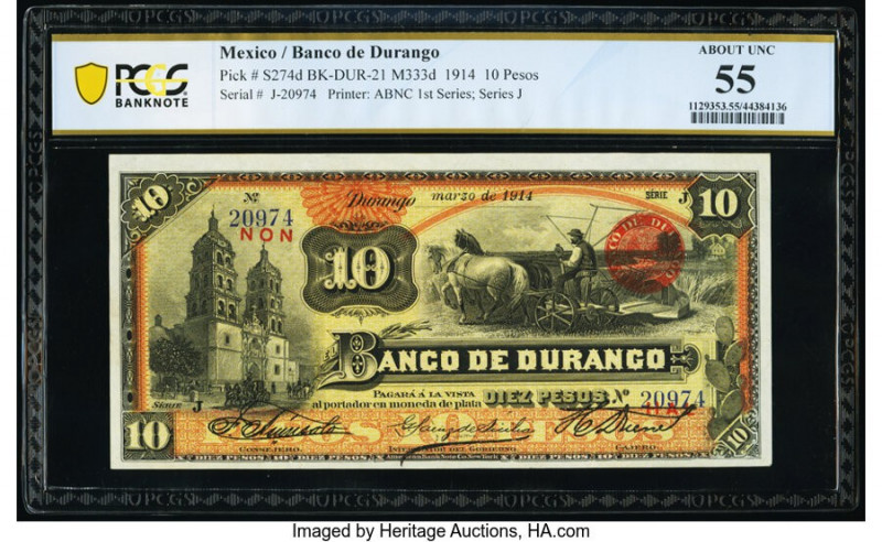 Mexico Banco de Durango 10 Pesos 3.1914 Pick S274d M333d PCGS Banknote About UNC...