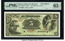 Mexico Banco de Morelos 5 Pesos ND (1903-10) Pick S345s Specimen PMG Gem Uncirculated 65 EPQ. Red Specimen overprints and cancelled with 2 punch holes...