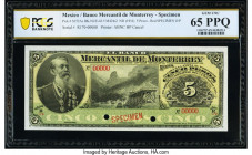 Mexico Banco Mercantil de Monterrey 5 Pesos ND (1906-11) Pick S352As M424s2 Specimen PCGS Banknote Gem UNC 65 PPQ. Red Specimen overprints and two POC...