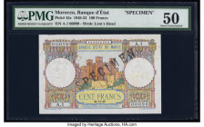 Morocco Banque d'Etat du Maroc 100 Francs 10.11.1948 Pick 45s Specimen PMG About Uncirculated 50. Black Specimen overprints are present on this exampl...