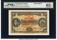 Portuguese Guinea Banco Nacional Ultramarino, Guine 5 Escudos 1.1.1921 Pick 14s Specimen PMG Gem Uncirculated 65 EPQ. Red Specimen overprints and a pe...