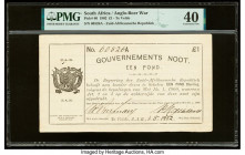 South Africa Government Noot 1 Pound 1.5.1902 Pick 66 PMG Extremely Fine 40. Stamp cancelled, lace holes and tears noted. 

HID09801242017

© 2022 Her...