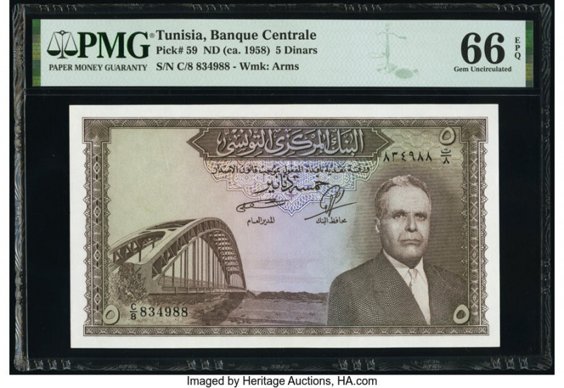 Tunisia Banque Centrale 5 Dinars ND (ca. 1958) Pick 59 PMG Gem Uncirculated 66 E...