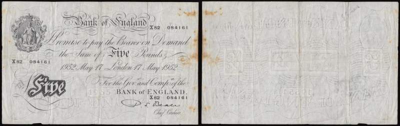 Five Pounds Beale white B270, issued May 17 1952, X82 084161 NVF with some foxin...