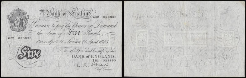 Five Pounds O'Brien white B275, issued April 21 1955, Z52 023853 GVF with a very...