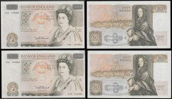 Fifty pounds Somerset B352 issued 1981 (2 consecutives) series A02 703383 and A02 703384, Christopher Wren on reverse, Pick381a, about UNC (light fold...