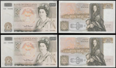 Fifty pounds Somerset B352 issued 1981 (2 consecutives) series A02 703385 and A02 703386, Christopher Wren on reverse, Pick381a, about UNC (light fold...