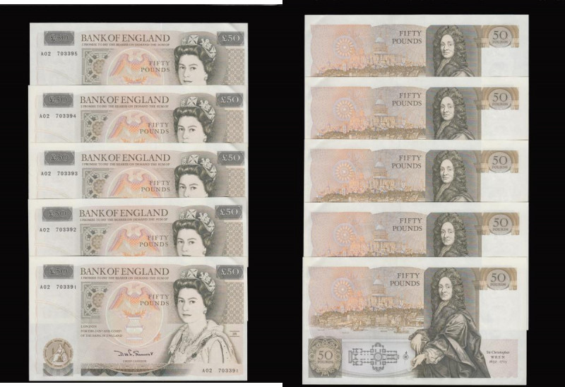 Fifty pounds Somerset B352 issued 1981 (5 consecutives) series A02 703391 throug...