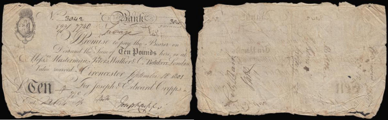 Cirencester Bank Ten Pounds September 18 1801 payable here or at Hastermans, Pet...