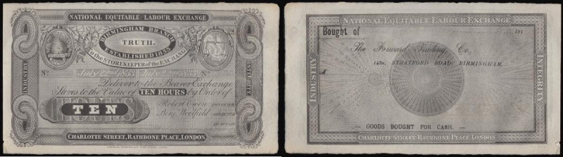 Birmingham Labour Exchange 10 hour note dated 1833, Robert Owen issue, unissued ...