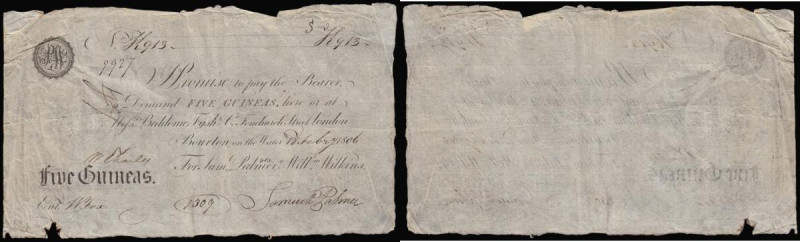 Bourton on the Water Five Guineas 18 Feb 1806 payable at Beddome, Fysh Fenchurch...