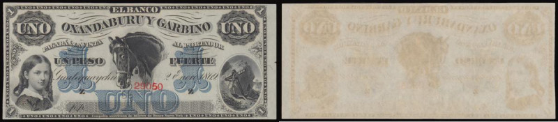 Argentina - El Banco Oxandaburu y Garbino One Peso Fuerte issue 1869, portrait o...