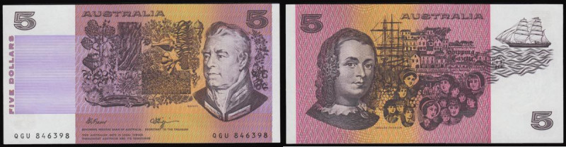 Australia Five Dollars 1990 issue Pick 44f signatures B.W. Fraser and C.I. Higgi...