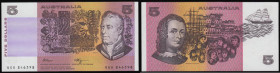 Australia Five Dollars 1990 issue Pick 44f signatures B.W. Fraser and C.I. Higgins, serial number QGU 846398 UNC

 Estimate: GBP 25 - 30