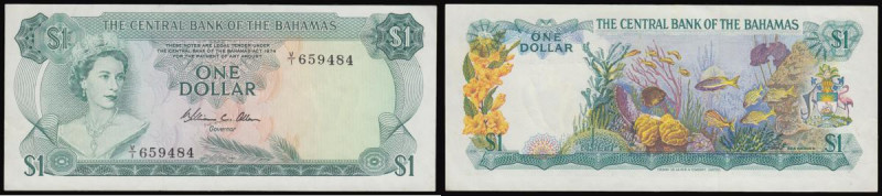 Bahamas One Dollar 1974 issue, Green on multicoloured underprint, signature Alle...
