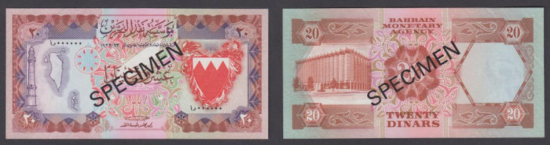Bahrain 20 Dinars 1973 Authorisation 23 Pick 10s Specimen serial number 000000 S...