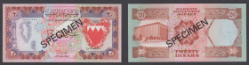 Bahrain 20 Dinars 1973 Authorisation 23 Pick 10s Specimen serial number 000000 SPECIMEN in black both sides (no price given in Pick) Unc

 Estimate:...
