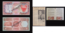 Bahrain 20 Dinars 1973 Authorisation 23 Pick 10s Specimen serial number 000000 SPECIMEN in black both sides (no price given in Pick) Unc comes with a ...