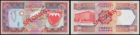 Bahrain 20 Dinars 1973 Authorisation 23 Pick 10s Specimen serial number 000000 SPECIMEN in red both sides (no price given in Pick) Unc

 Estimate: G...