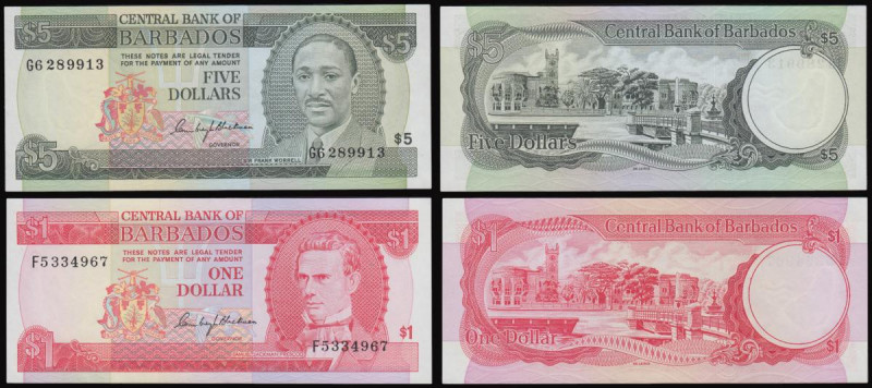 Barbados (2) Five Dollars 1975 issue, portrait of Sir Frank Worrell, Pick 32a, s...