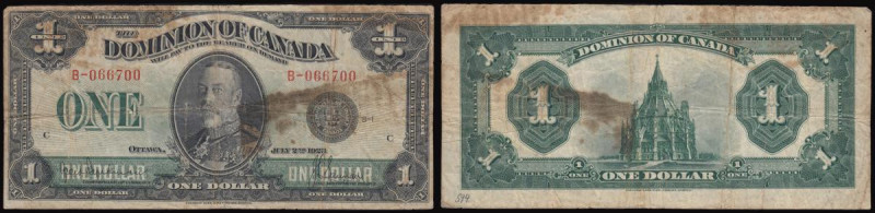 Canada - Dominion of Canada One Dollar 1923 issue, Black seal at right, signatur...
