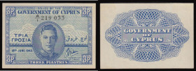 Cyprus - Government of Cyprus 3 Piastres Regular issue 1943 dated 18th June 1943, Pick 28a, serial number A/1 219033, small size note, UNC or very nea...