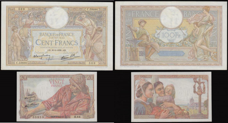 France (2) 100 Francs 1938 issue, signatures P.Rousseau and R. Favre-Gilly, seri...