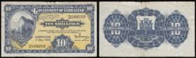 Gibraltar Ten Shillings 1965 issue, dated 1st May 1965, Pick 17, serial number D548059 About Fine with some tiny pinholes, Rare

 Estimate: GBP 10 -...