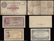 India 1 Rupee dated 1917 Gubbay signature, Pick1g with watermark in square serial number B/41 133101 VG-Fine, Ceylon 5 Cents 1 February 1942 VF and Eg...