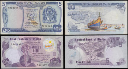Malta - Bank Centrali Ta' Malta &pound;5 (2) 1967 issue signatures H. de Gabriele and J. Laspina, Pick 32a, serial number B/13 222265 Near EF, Pick 35...