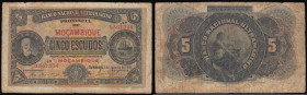 Mozambique Five Escudos 1921 issue, without DECRETO, Pick 68b, serial number 1,567,354, Fine with a tiny pinhole at centre

 Estimate: GBP 50 - 100