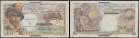 Saint Pierre and Miquelon 1 Nouveau Franc overprint on Reunion 50 Francs, undated 1960 Provisional issue, series J.30 66124 with 9 digit control numbe...