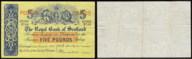 Scotland - Royal Bank of Scotland Five Pounds 2/11/1964 uniface, Signatures Bannatyne and Campbell, serial number H2599 9744, Pick 326a, Good Fine wit...