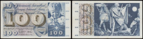 Switzerland 100 Francs 21/1/1965 issue, Signature 41, Dr. Brenno Galli, Dr. Max Ikle, and Otto Kunz, Pick 49g, 51F 34666, GVF and pressed, looks bette...