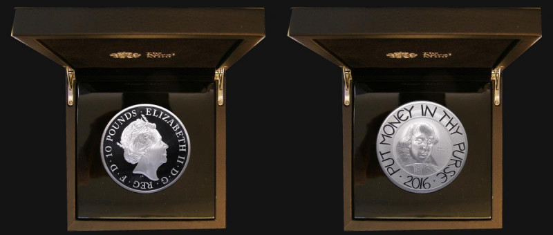 Ten Pounds 2016 William Shakespeare 5oz. Silver Proof FDC in the Royal Mint box ...
