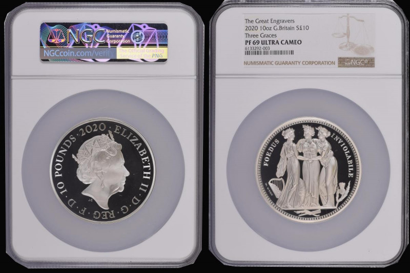 Ten Pounds 2020 Three Graces 10 Ounces Silver Proof in an NGC slab PF69 Ultra Ca...