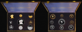 Iran Proof Set 1971 (SH1350) 2500 Years of the Iranian Monarchy, a 9-coin set (4 in gold and 5 in silver) comprising 2000 Rials Gold Proof KM#1192, 10...