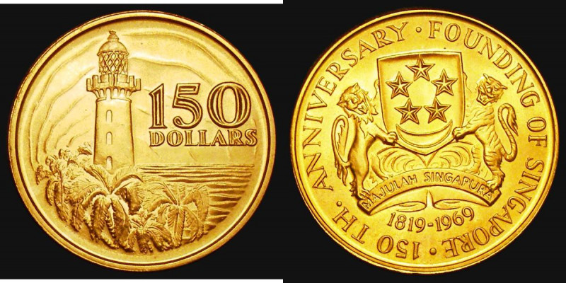 Singapore $150 1819-1969 Founding of Singapore 150th Anniversary Gold BU KM7, Un...