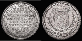 Shilling 19th Century Leicestershire - Leicester, undated, County issue, Obverse: The Arms of Leicester, End of branch points to O, Reverse: DERBY LEI...