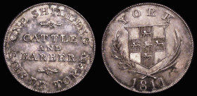Shilling 19th Century Yorkshire - York 1811 Cattle & Barber Obverse: Arms of York, date below, Reverse: CATTLE AND BARBER, ONE SHILLING SILVER TOKEN, ...