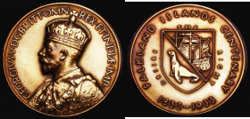 Falkland Islands 1933 Centenary Medal 36mm diameter in light-coloured bronze by B.Mackennal, Obverse: Bust left, crowned and draped, GEORGIVS . V . D....