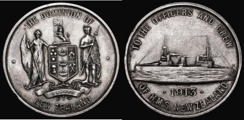 HMS New Zealand Medal 1913, 36mm diameter in silver, by W.R.Bock. Obverse: The A...