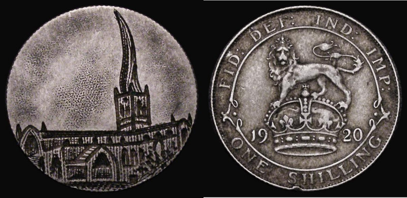 Engraved Shilling 1920 the obverse engraved with a church, comparisons with arch...