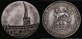 Engraved Shilling 1920 the obverse engraved with a church, comparisons with archive pictures show it is modelled on the Chesterfield crooked spire, Bo...