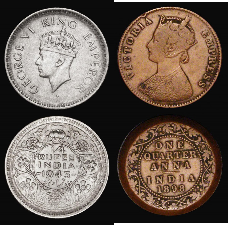 Mint Errors - Mis-Strikes India (2) Quarter Anna 1898 the reverse edge tapered i...