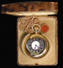 Pocket Watch Half Hunter in a 9 carat gold case, 48.5mm diameter, London import mark 1928 with sponsor's mark EH, blue enamel Roman numerals around wh...