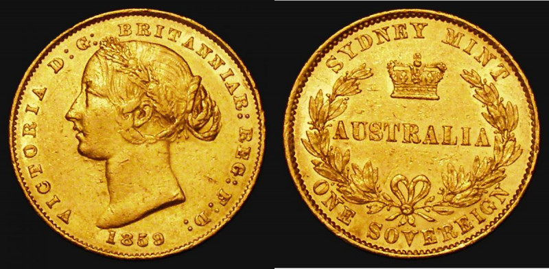 Australia Sovereign 1859 Sydney Branch Mint, Marsh 364, GVF/NEF with some contac...