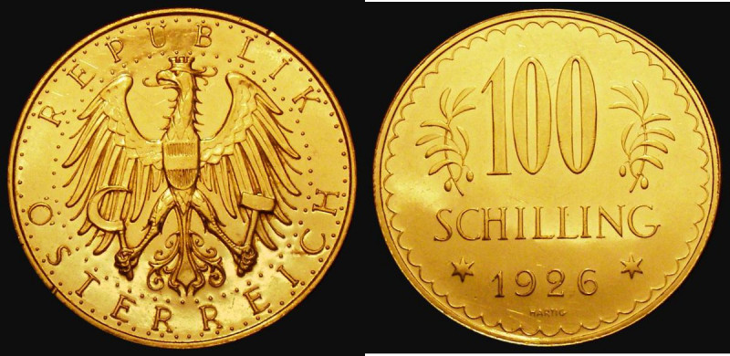 Austria 100 Schillings Gold 1926 KM#2842 UNC and Prooflike with some edge nicks...