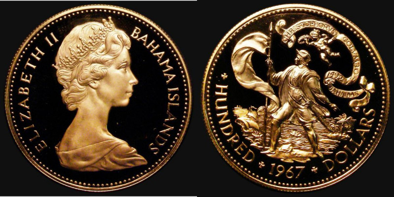 Bahamas One Hundred Dollars Gold 1967 Adoption of New Constitution, Reverse: Col...