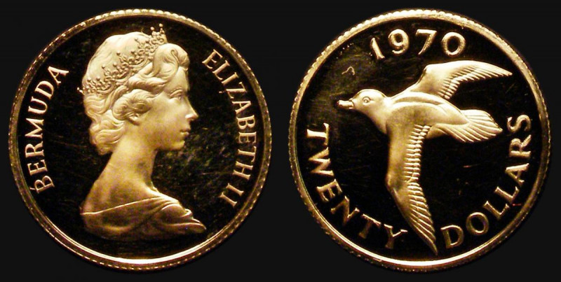 Bermuda Twenty Dollars Gold 1970 Reverse: Cahow in flight KM#21 Proof FDC

 Es...